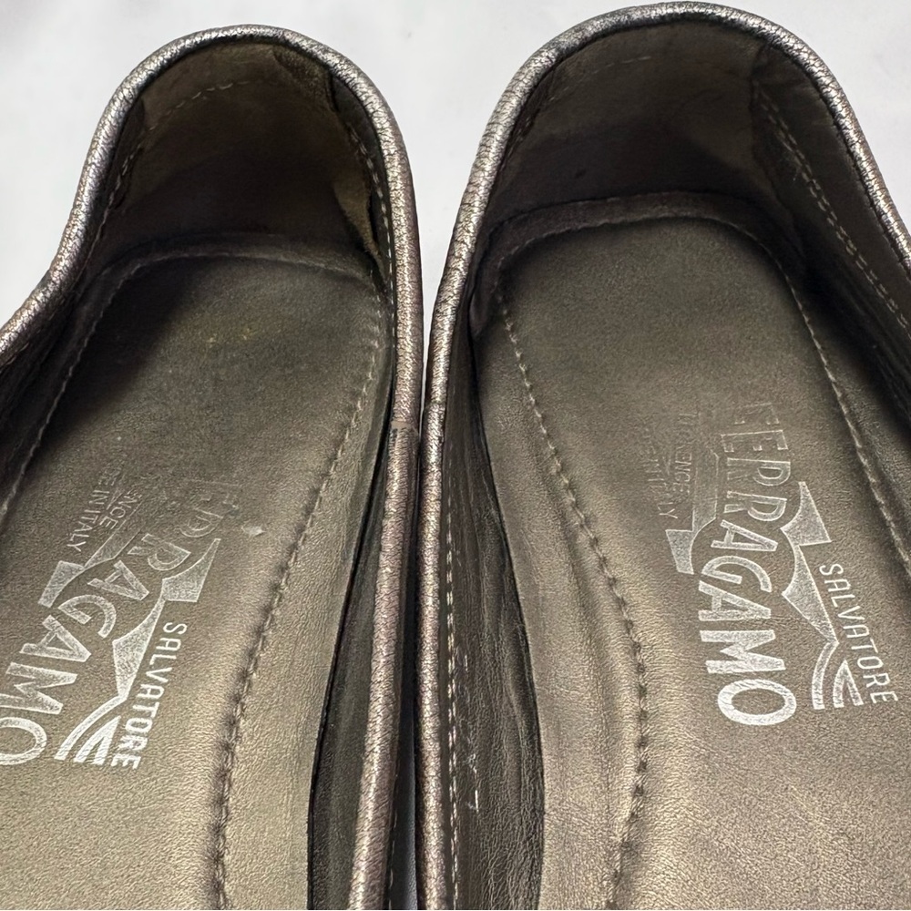 Salvatore Ferragamo Ballet Flats Metallic Bronze Leather US 6.5 Silver Buckle - Picture 11 of 14